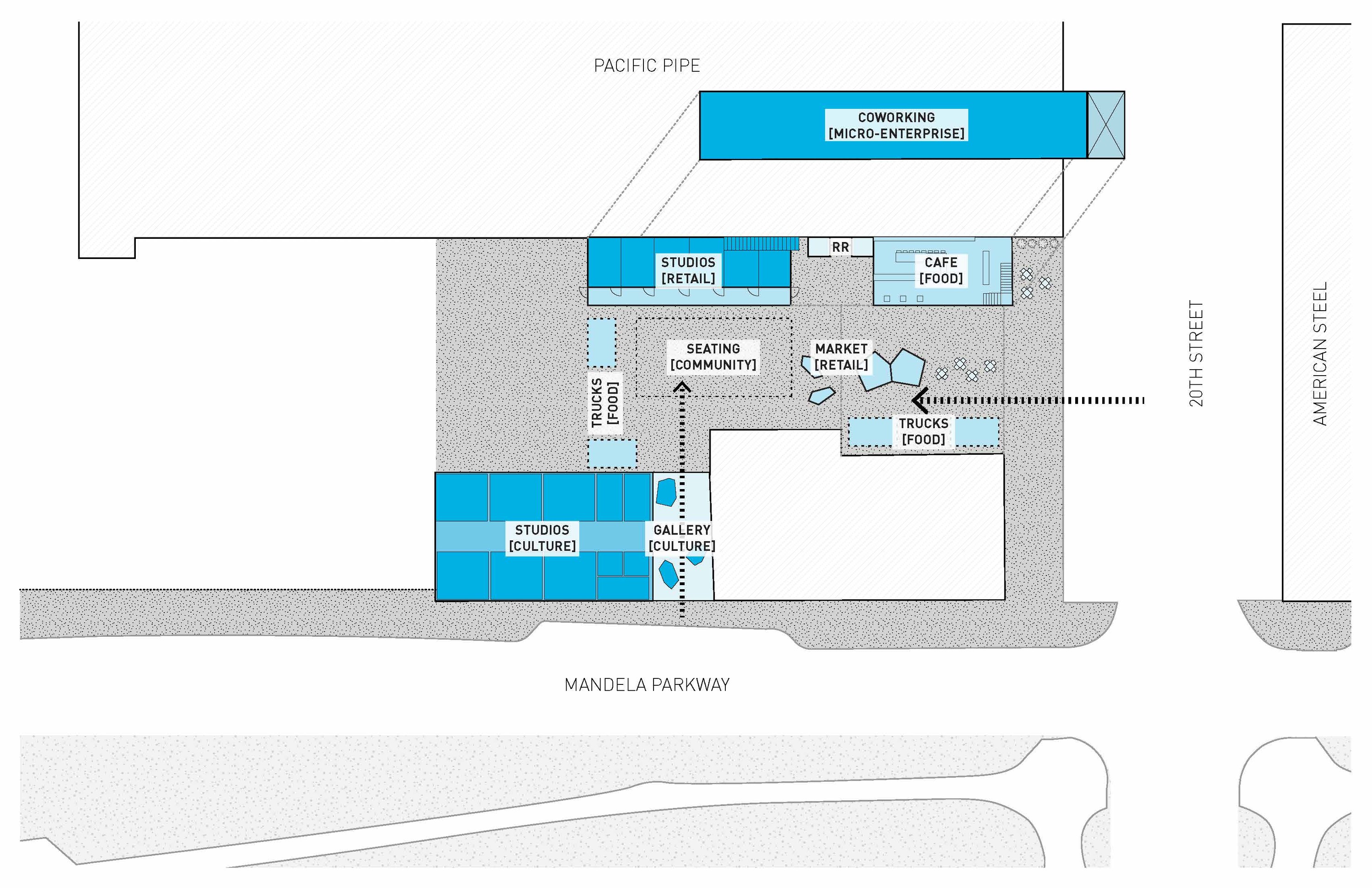 phase 1 plan: cafes, studios, restrooms, offices, coworking